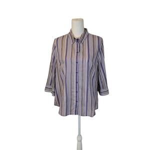 Coldwater Creek Striped Button Up Top Women Size Med Purple Semi Sheer No Iron